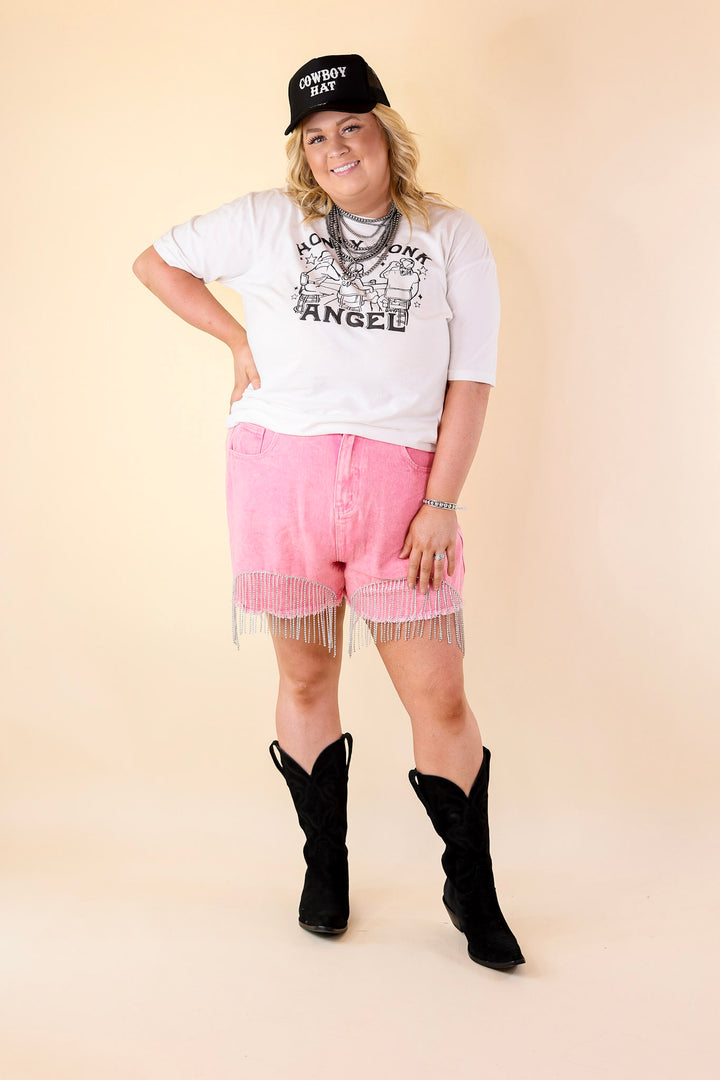 Saddle Up Crystal Fringe Distressed Denim Shorts in Pink - Giddy Up Glamour Boutique