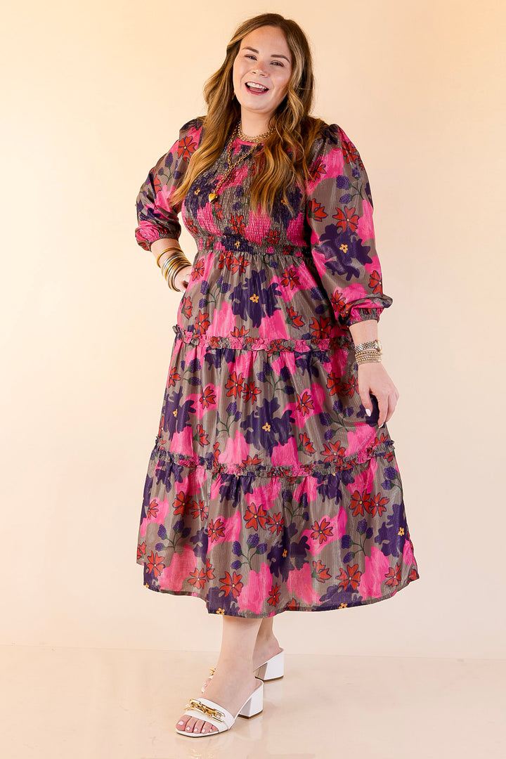 Mud Pie | Shaffer Smocked Bodice Long Sleeve Midi Dress with Tiered Skirt in Pink Mix