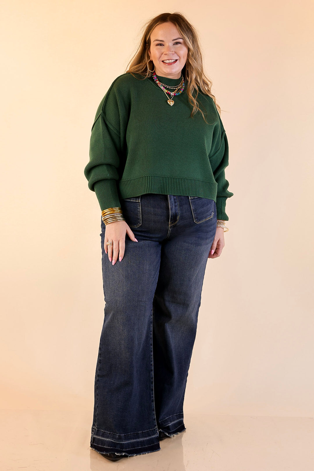Fireside Fit Cropped Long Sleeve Mock Neck Sweater in Forest Green