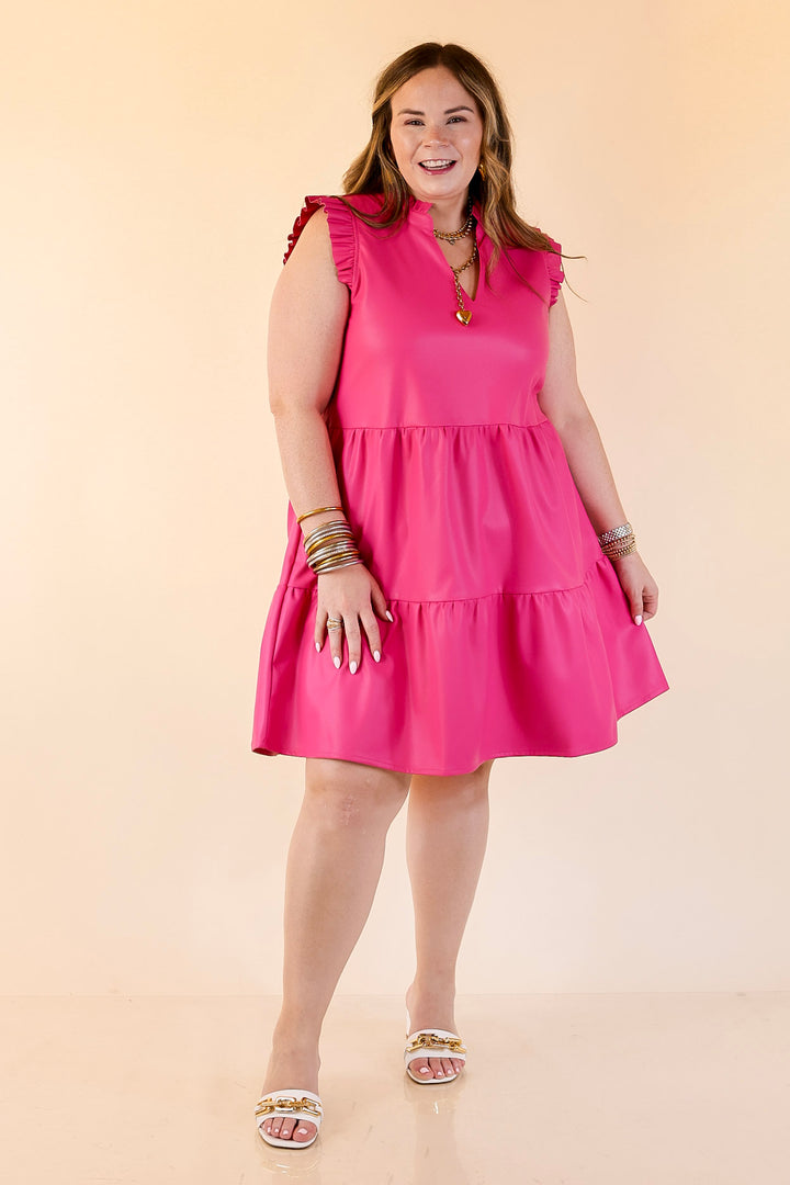 Mud Pie | Tabitha Ruffle Sleeve V-Neck Faux Leather Tiered Dress in Hot Pink