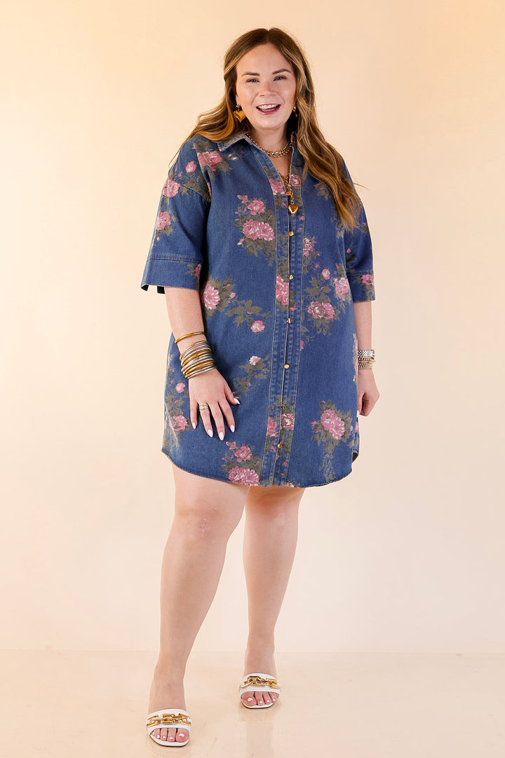 Flirting with Florals Floral Denim Shirt Dress with Gold Button Detail in Classic Blue Denim
