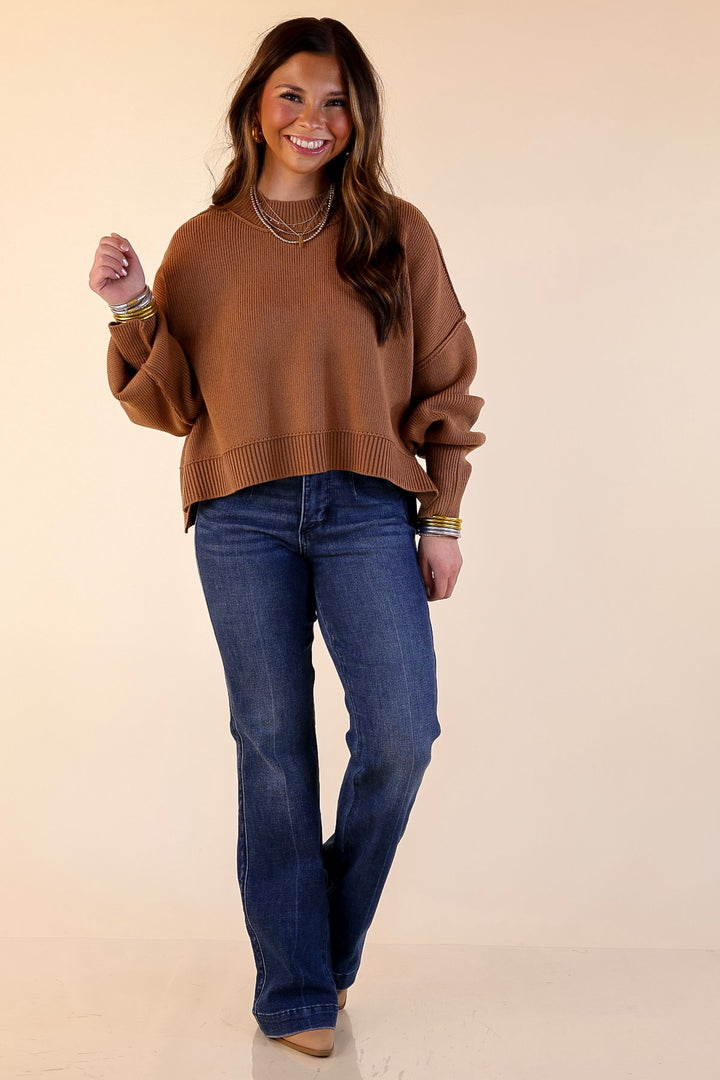 Fireside Fit Cropped Long Sleeve Mock Neck Sweater in Camel Brown