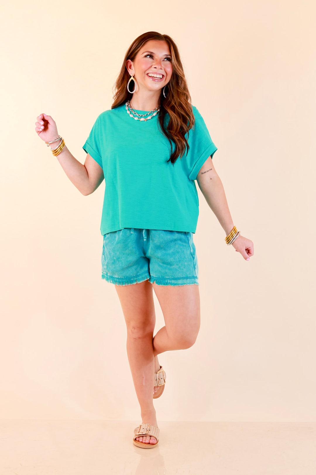 Laidback Luxe Rolled Drop Sleeve Relaxed Fit Basic Short Sleeve Top in Turquoise Blue