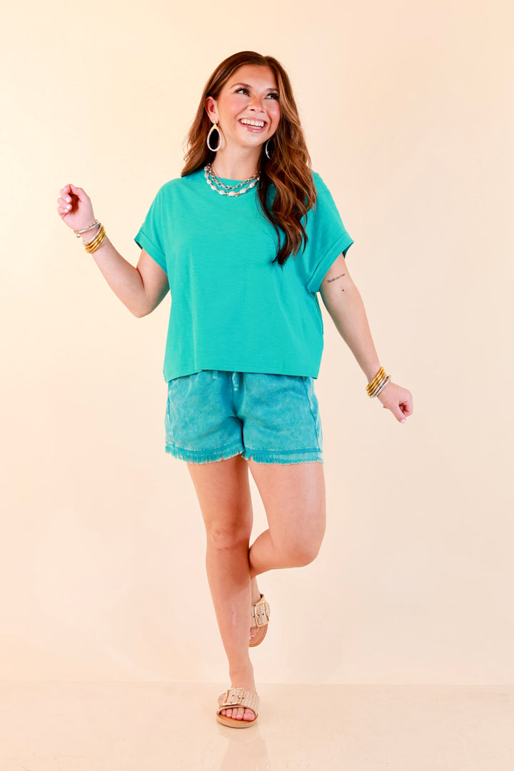 Laidback Luxe Rolled Drop Sleeve Relaxed Fit Basic Short Sleeve Top in Turquoise Blue