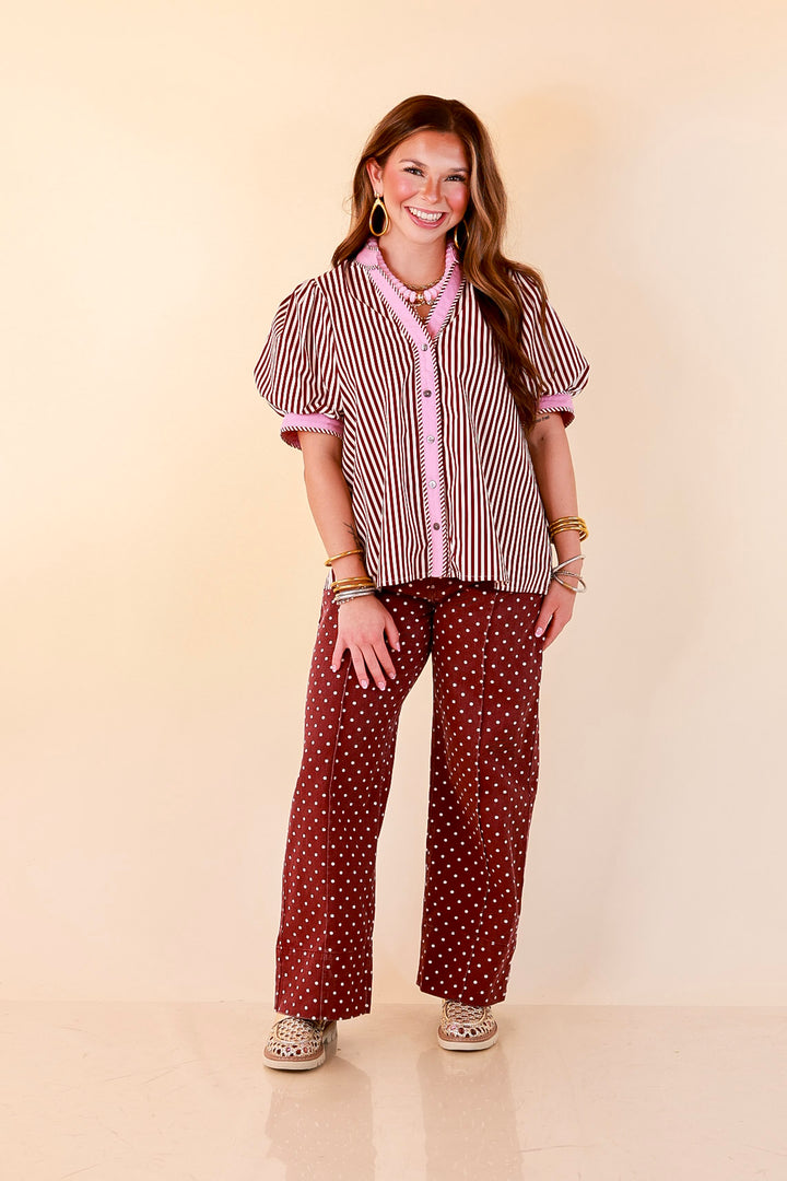 Rosy Outlook Polka Dot Print Wide Leg Denim Pants with Front Seam and Pockets in Maroon