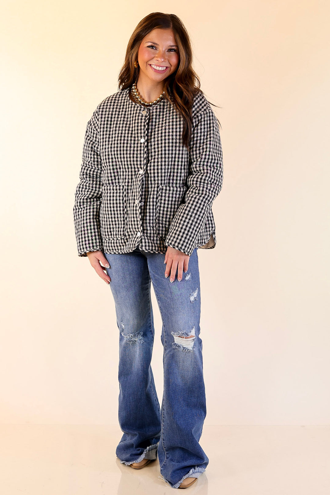 Check it Twice Quilted Gingham Plaid Jacket in Ivory and Black