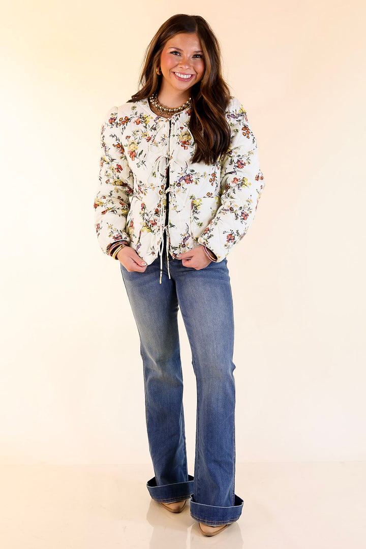 Chic in Bloom Quilted Floral Jacket with Front Ties in Ivory