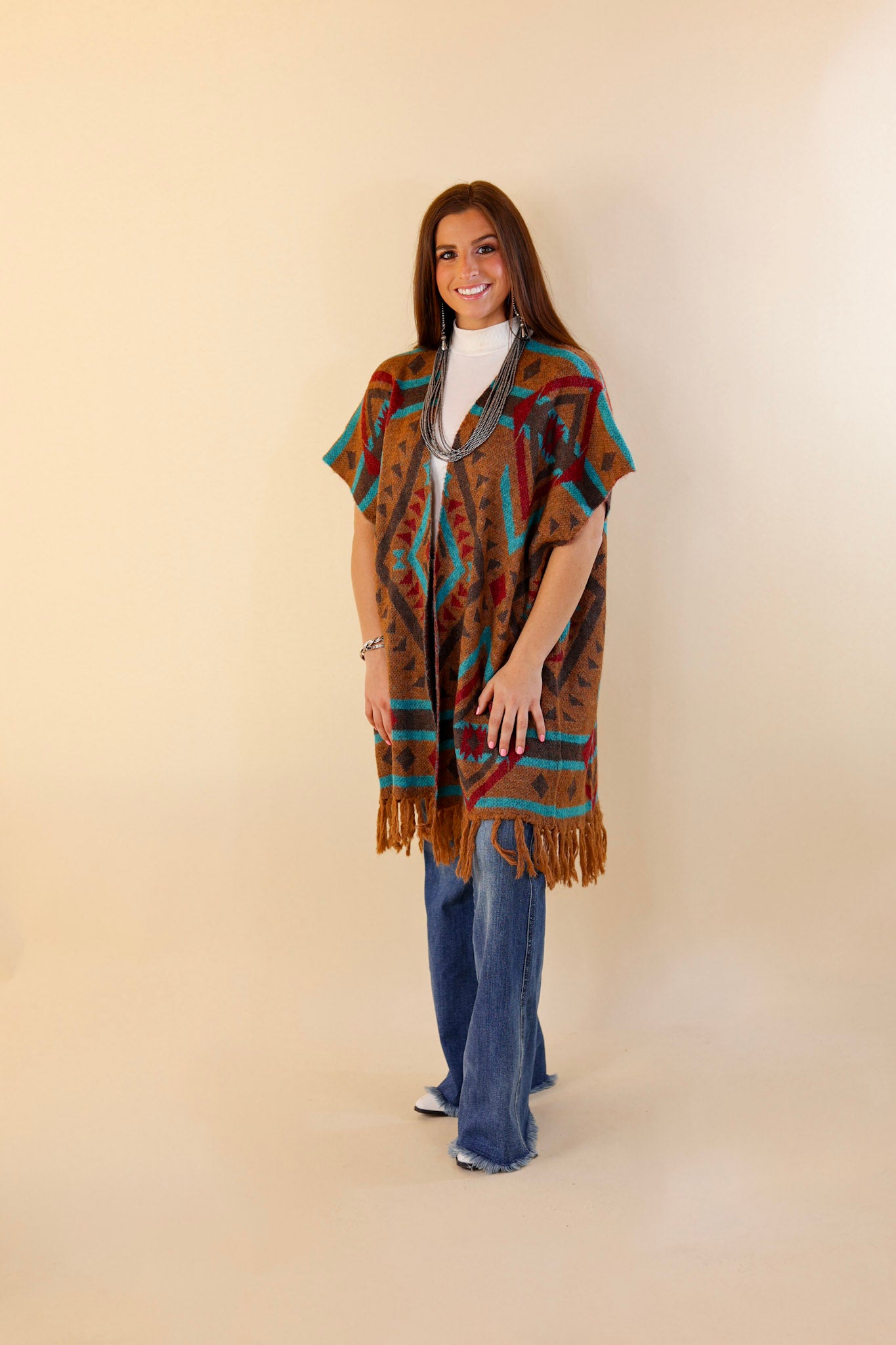 South Texas Sunset Aztec Print Wrap Poncho Vest in Turquoise and Camel - Giddy Up Glamour Boutique