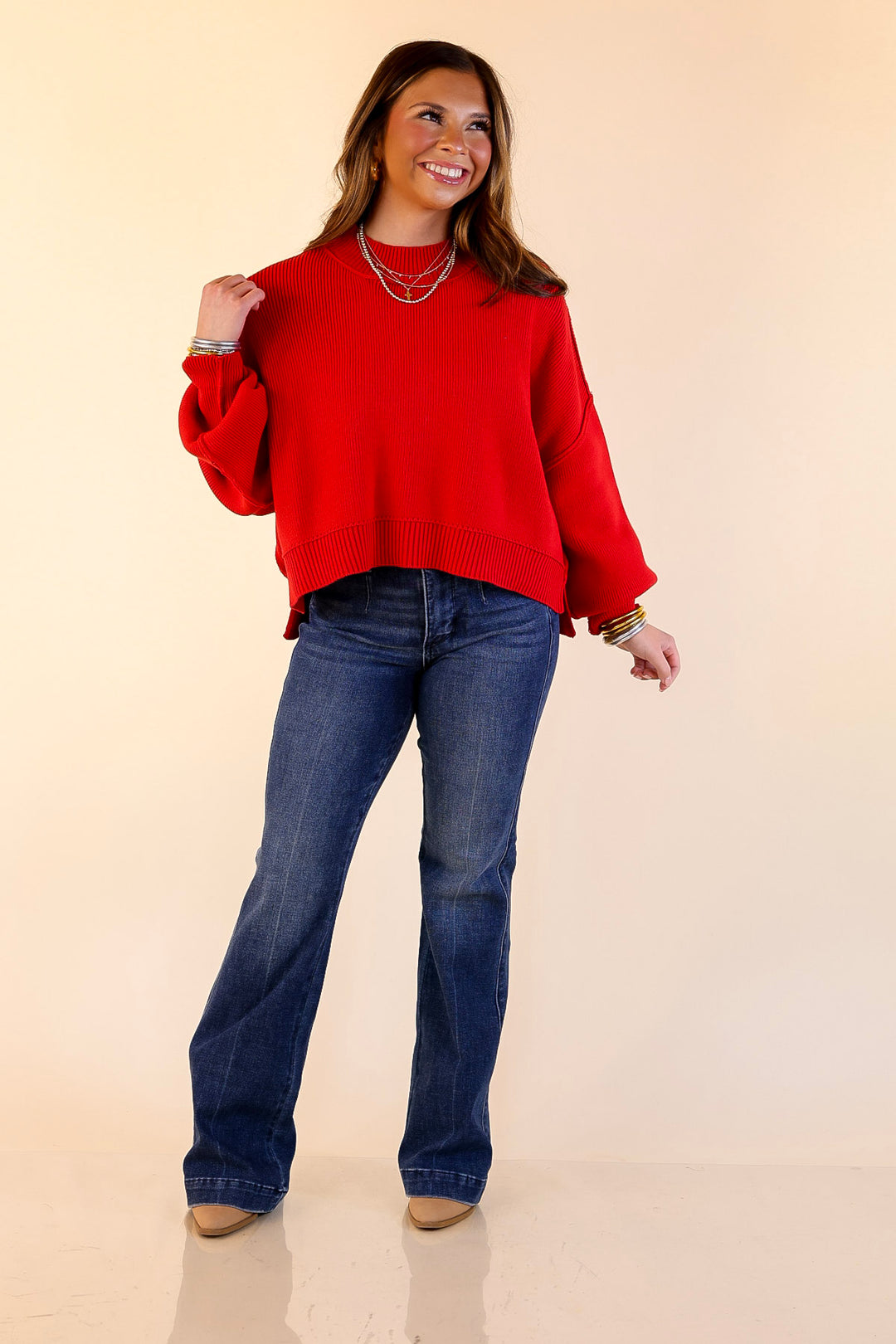 Fireside Fit Cropped Long Sleeve Mock Neck Sweater in Red
