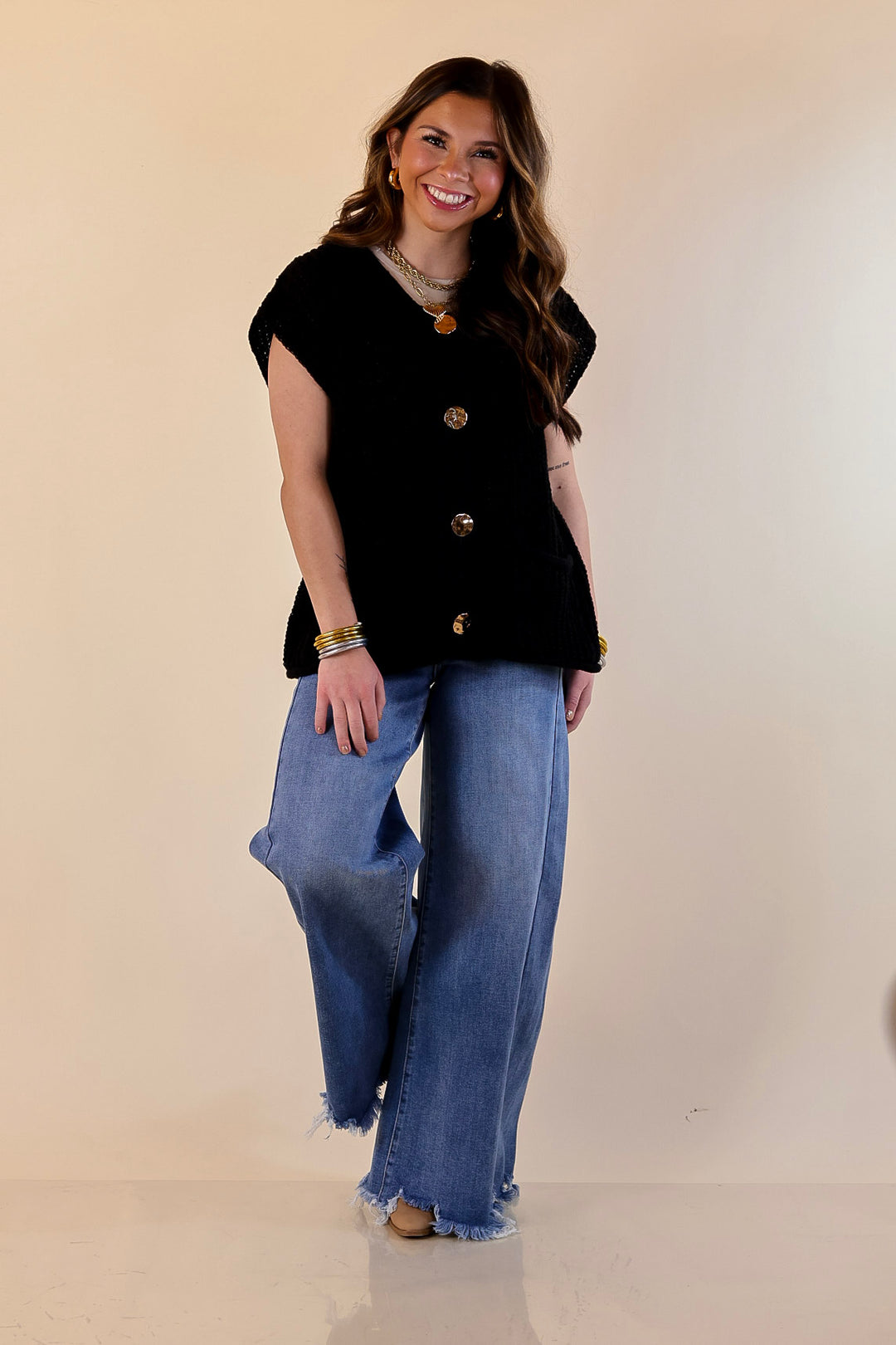 Always Effortless Oversized Button Down Large Knit Sweater Vest in Black