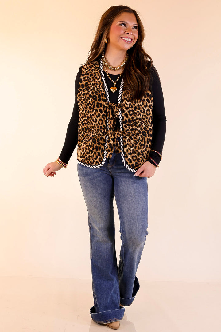 Wildly Chic Quilted Puffer Vest with Stripe Trim and Black Piping in Leopard Print