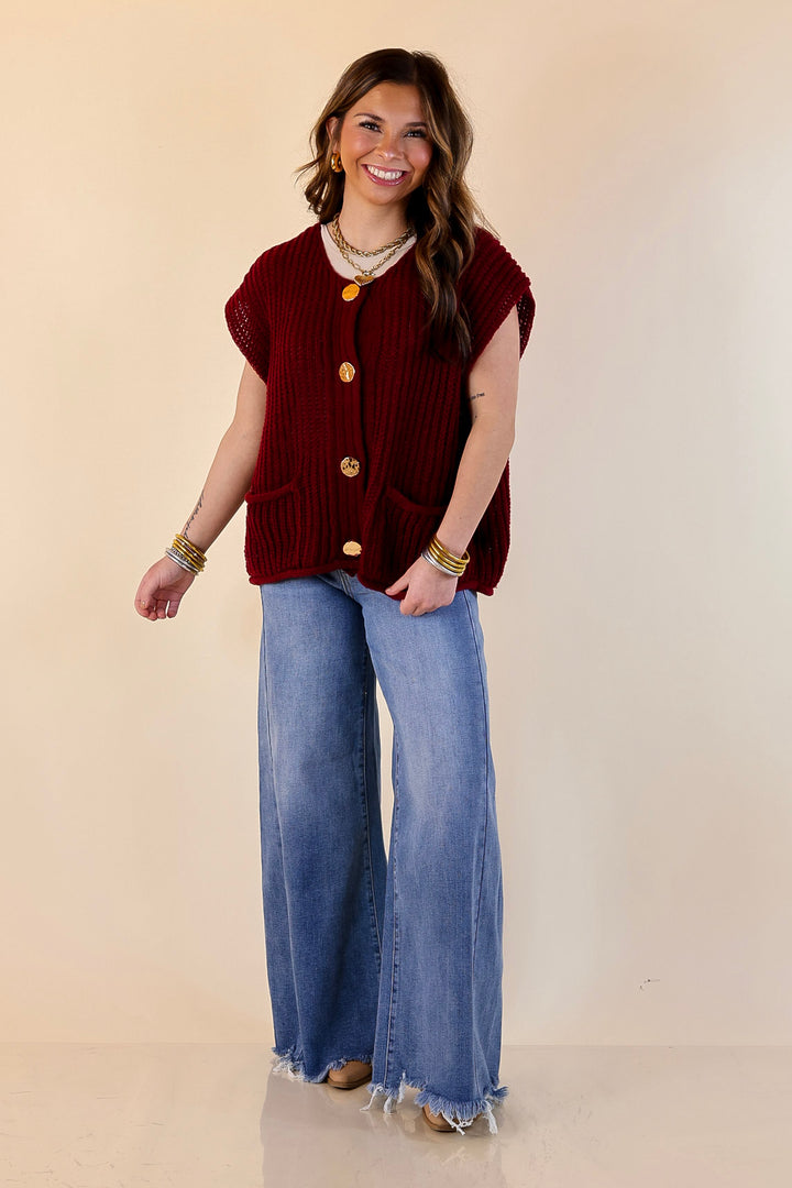 Always Effortless Oversized Button Down Large Knit Sweater Vest in Maroon