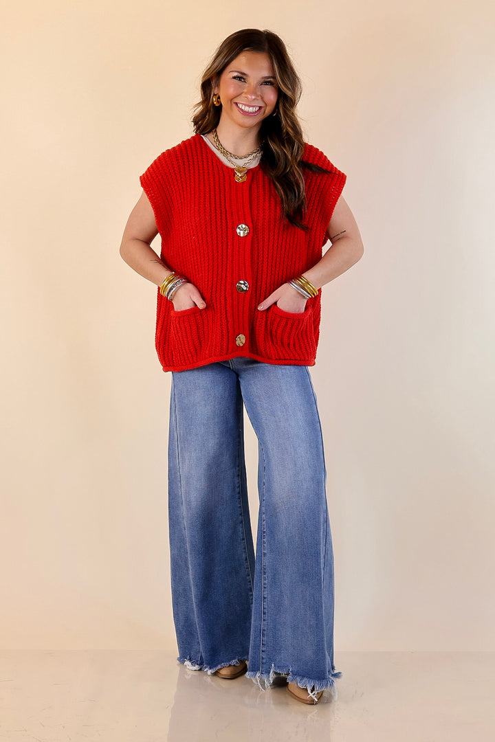 Always Effortless Oversized Button Down Large Knit Sweater Vest in Red