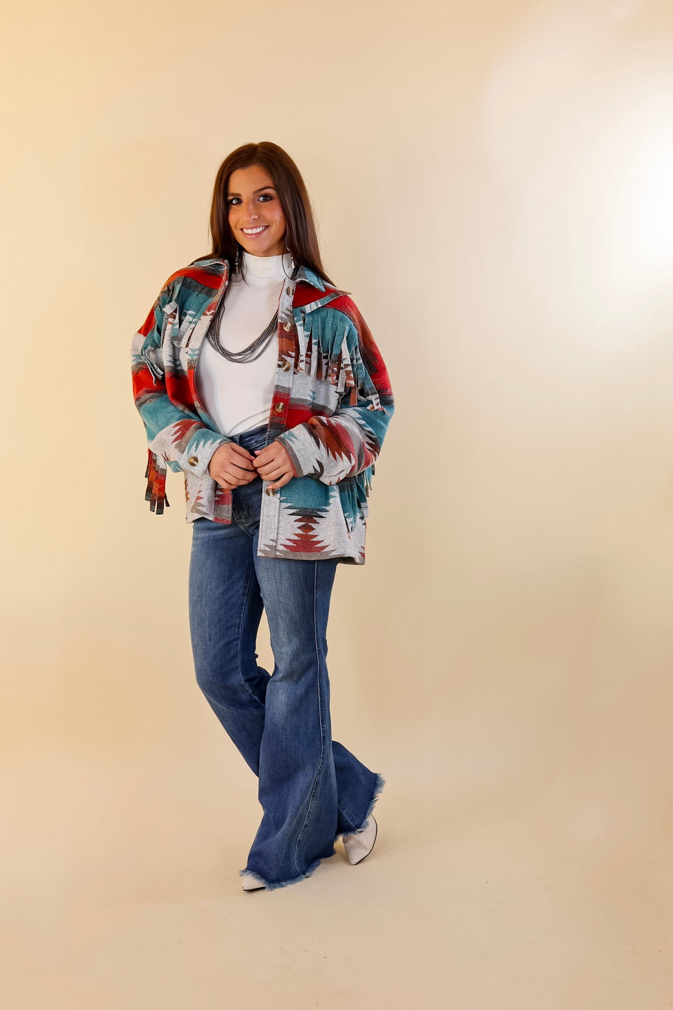 Take Over Aztec Print Button Up Jacket with Fringe in Grey - Giddy Up Glamour Boutique