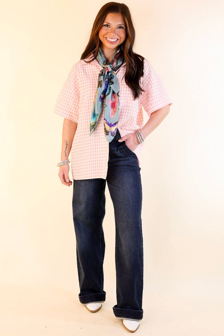 What A Rush Button Up Gingham Short Sleeve Top in Light Pink