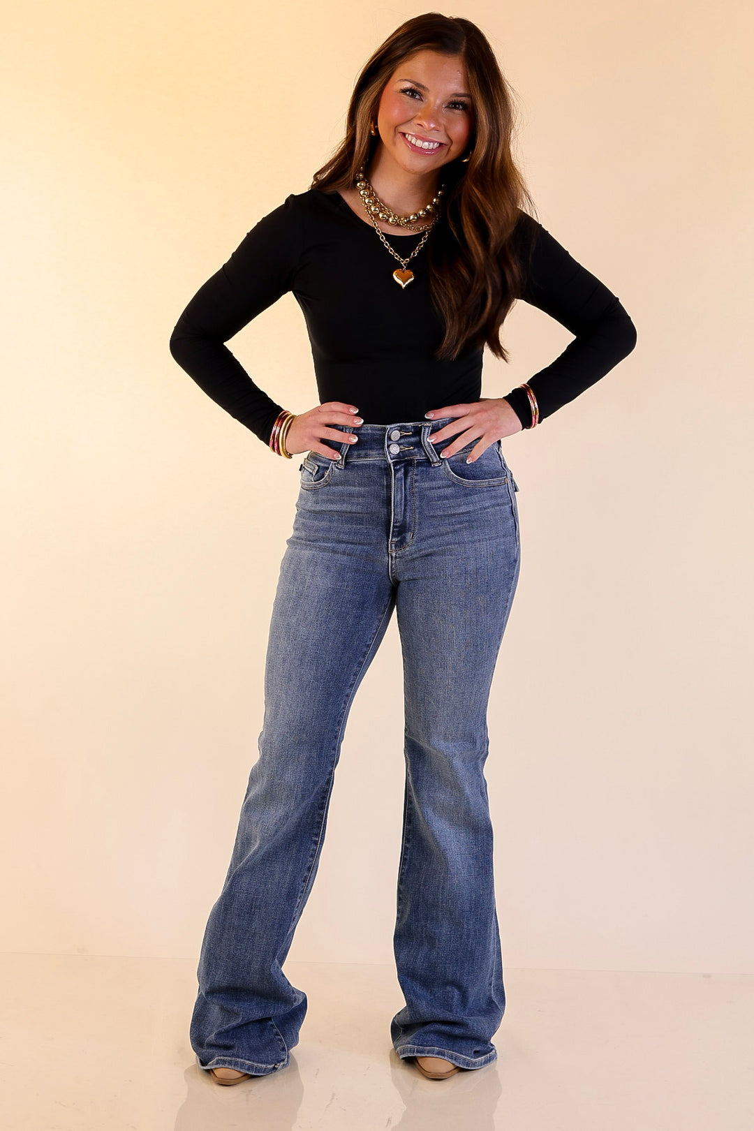 Judy Blue | Made for More Double Button Flare Jean in Medium Wash