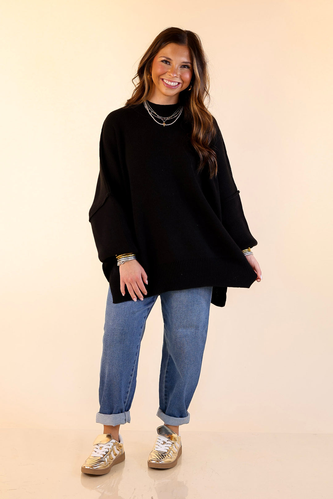 Snug and Stylish Mock Neck Sweater with Side Slit in Black