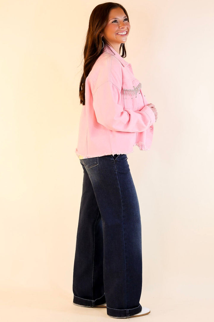 Made To Shine Crystal Fringe Pocket Cropped Denim Jacket in Pink