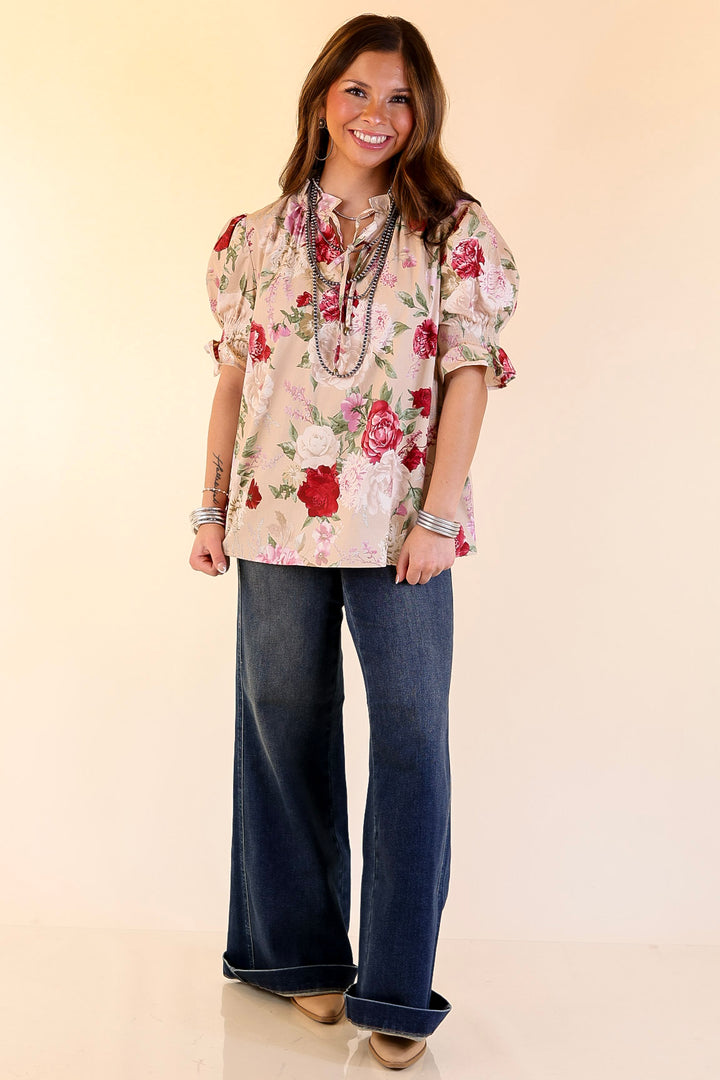 Freshly Picked Floral Print Top with Short Puff Sleeves in Beige