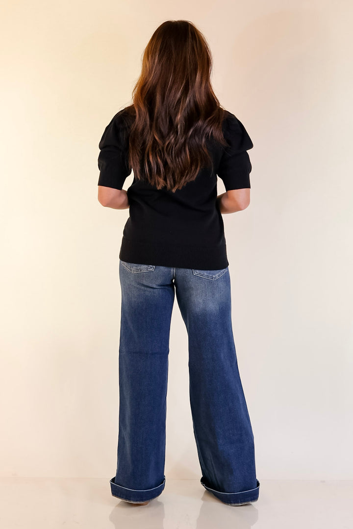 Sweet Sophistication Puff Short Sleeve Knit Sweater with Scoop Neck in Black