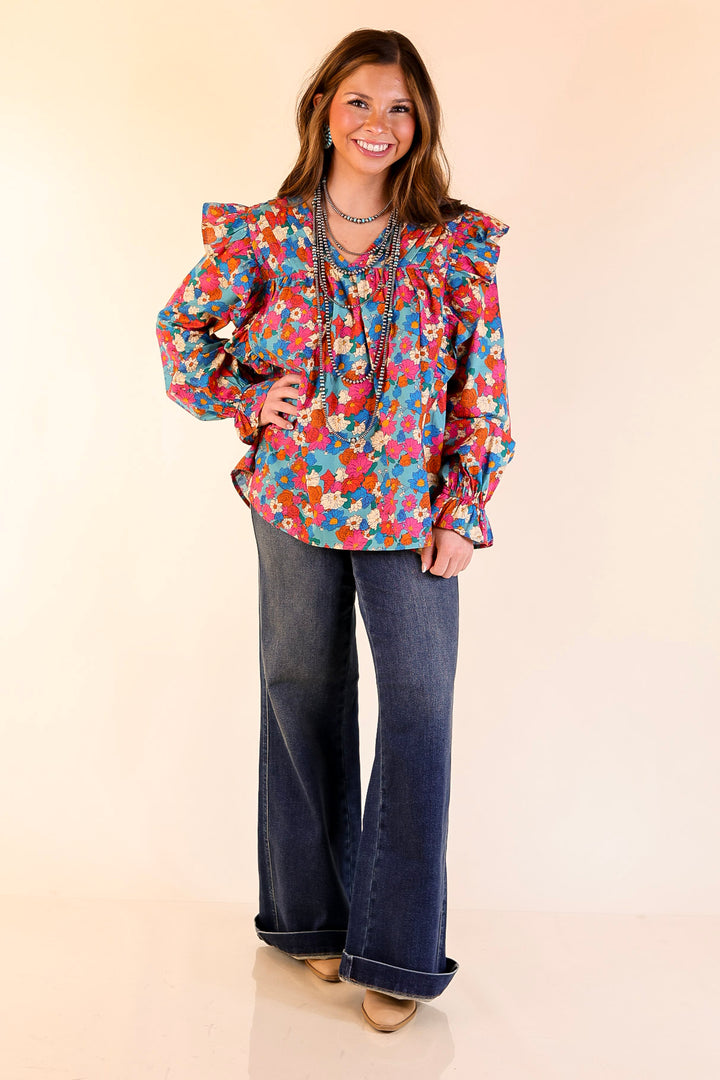 Coffee Perks Floral Ruffle Detail Long Sleeve Top in Turquoise Blue