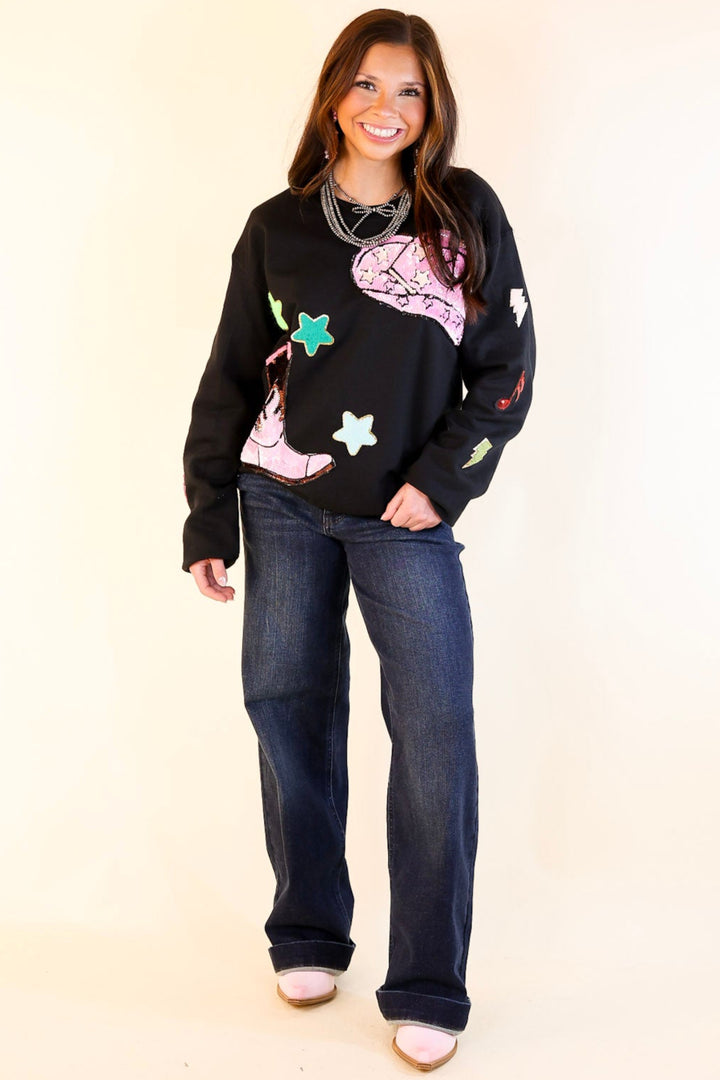 Nashville Lights Chenille and Sequin Patch Graphic Sweatshirt in Black