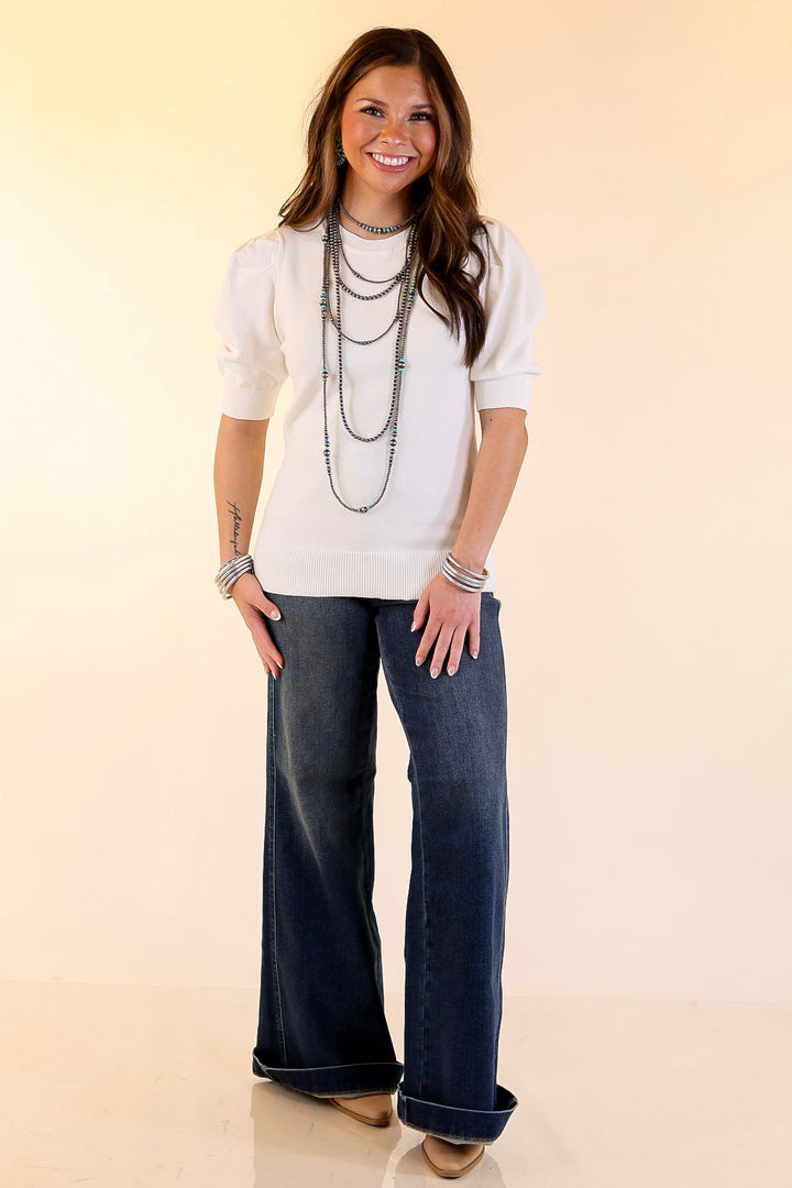 Sweet Sophistication Puff Short Sleeve Knit Sweater with Scoop Neck in Ivory