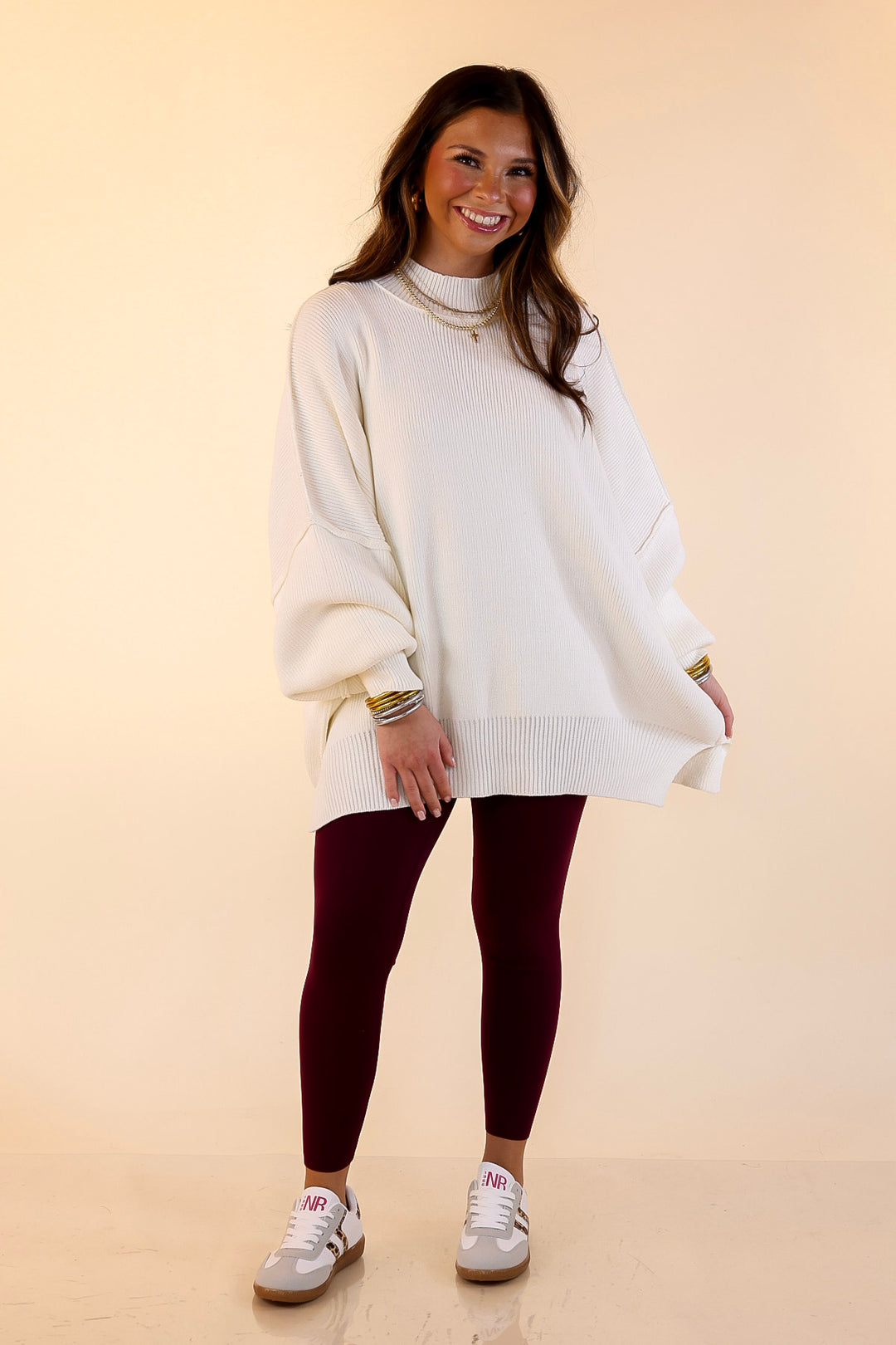 Snug and Stylish Mock Neck Sweater with Side Slit in Ivory
