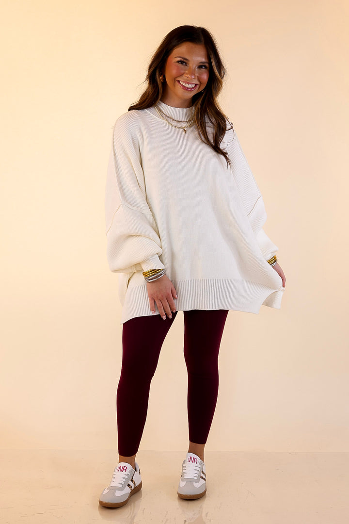 Snug and Stylish Mock Neck Sweater with Side Slit in Ivory