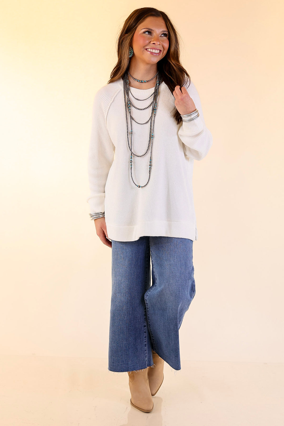 Essentially Chic Waffle Knit Long Sleeve Scoop Neck Top in Ivory