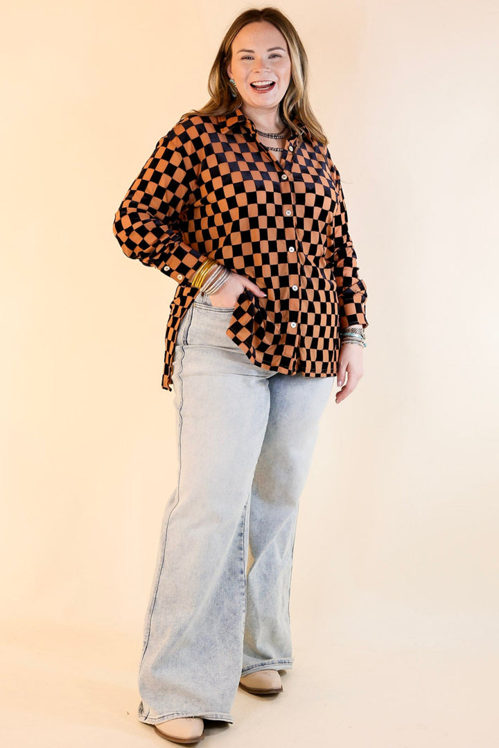 Style Icon Checkered Velvet Button Up Top in Black and Nude