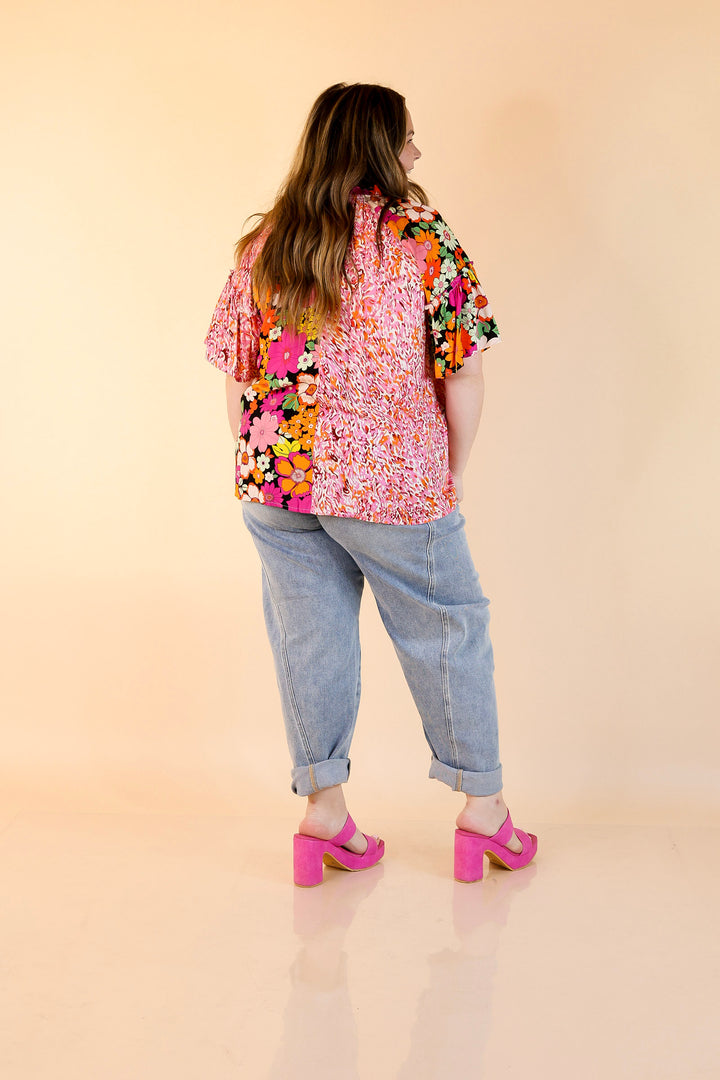 Double Time Abstract Print and Floral Print Top in Black and White