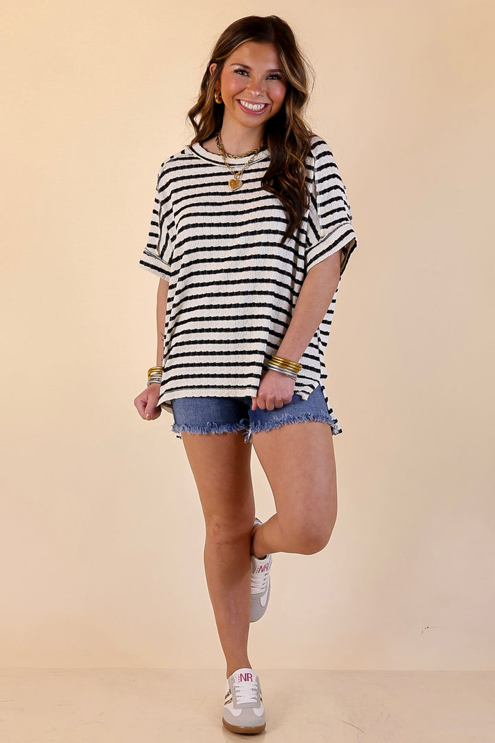 On The Daily Scoop Neck Short Sleeve Striped Textured Top in Black