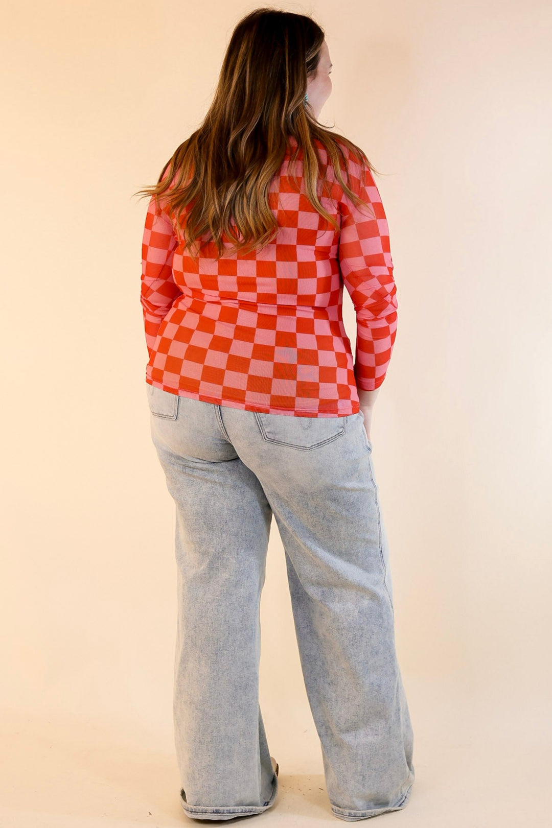 Western Dream Checkered Mesh Long Sleeve Top in Pink and Red