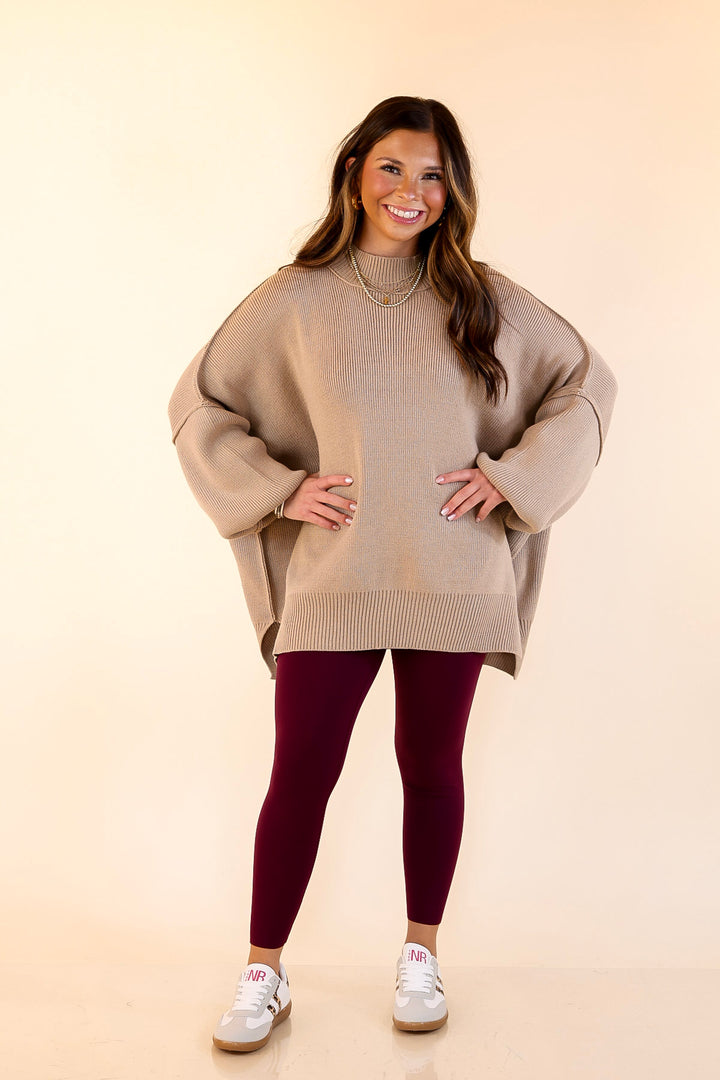 Snug and Stylish Mock Neck Sweater with Side Slit in Light Mocha Brown