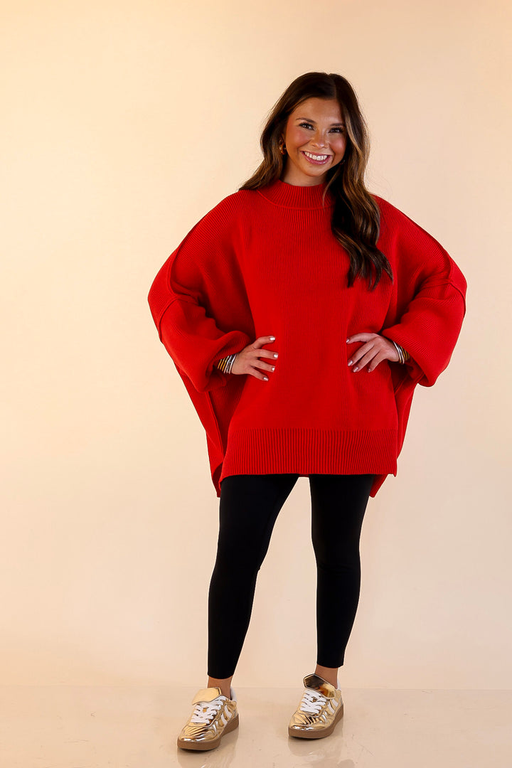 Snug and Stylish Mock Neck Sweater with Side Slit in Ruby Red