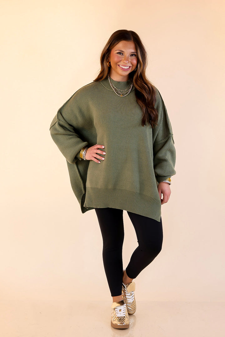 Snug and Stylish Mock Neck Sweater with Side Slit in Olive Green