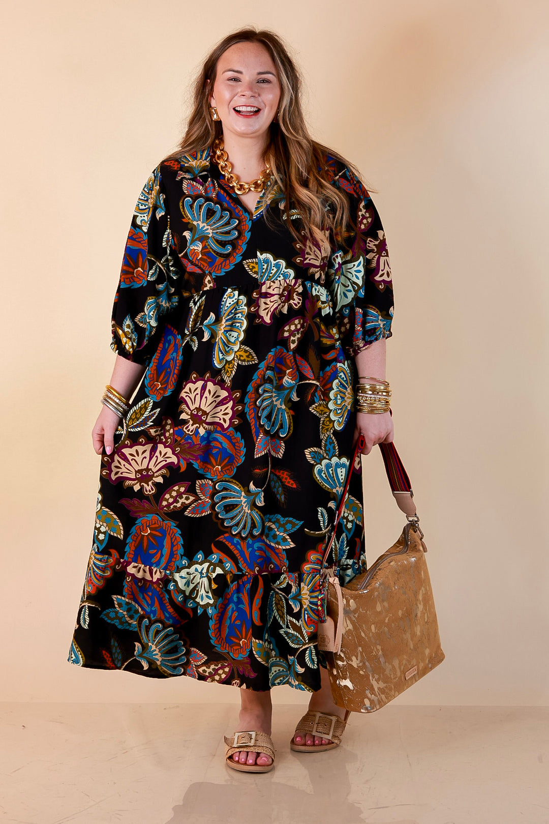 Season of Style Floral Print V Neck 3/4 Sleeve Collared Tiered Midi Dress in Black Multi