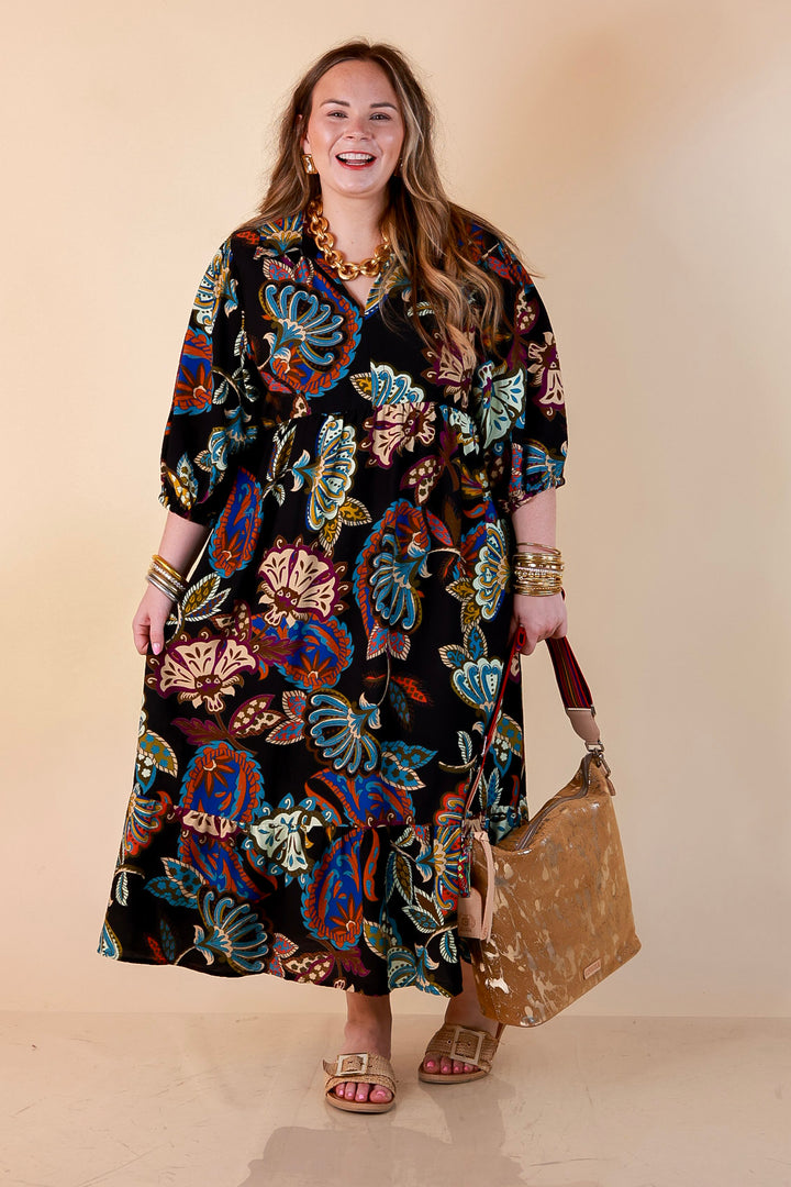 Season of Style Floral Print V Neck 3/4 Sleeve Collared Tiered Midi Dress in Black Multi