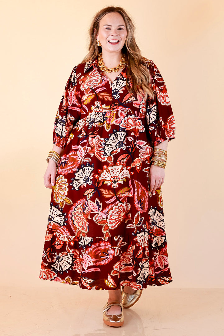 Season of Style Floral Print V Neck 3/4 Sleeve Collared Tiered Midi Dress in Maroon Multi