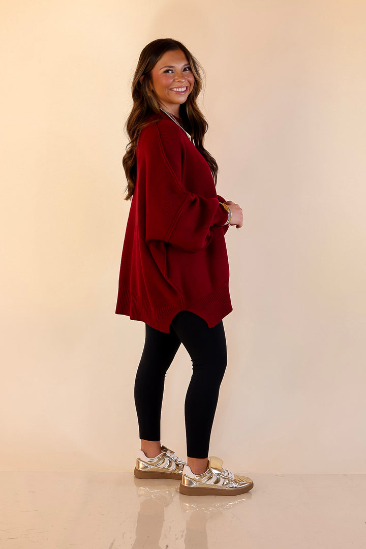 Snug and Stylish Mock Neck Sweater with Side Slit in Maroon