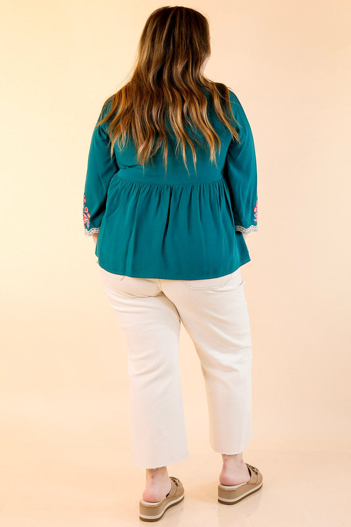 Already Mine 3/4 Bell Sleeve Embroidered Babydoll Top in Teal