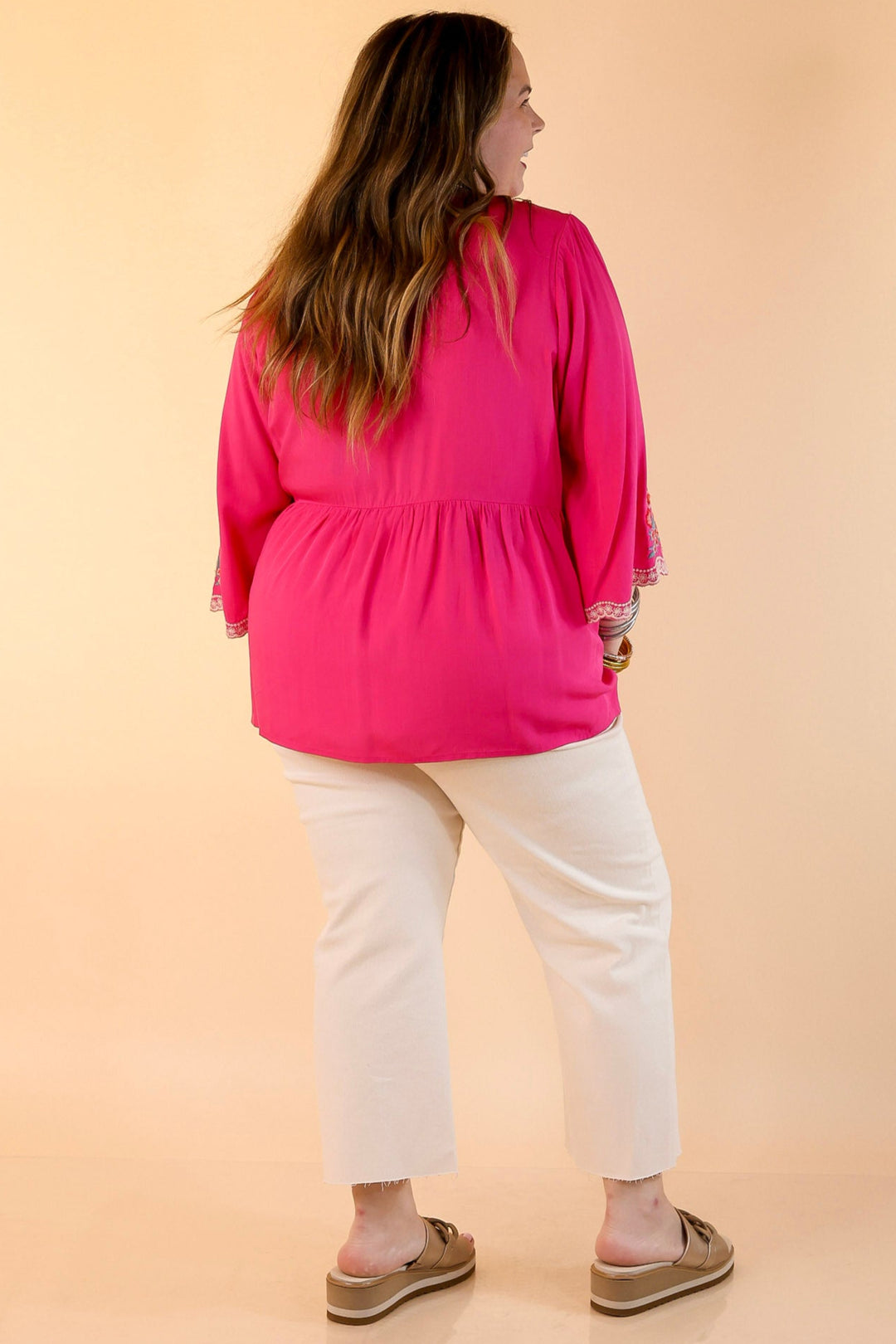 Already Mine 3/4 Bell Sleeve Embroidered Babydoll Top in Pink