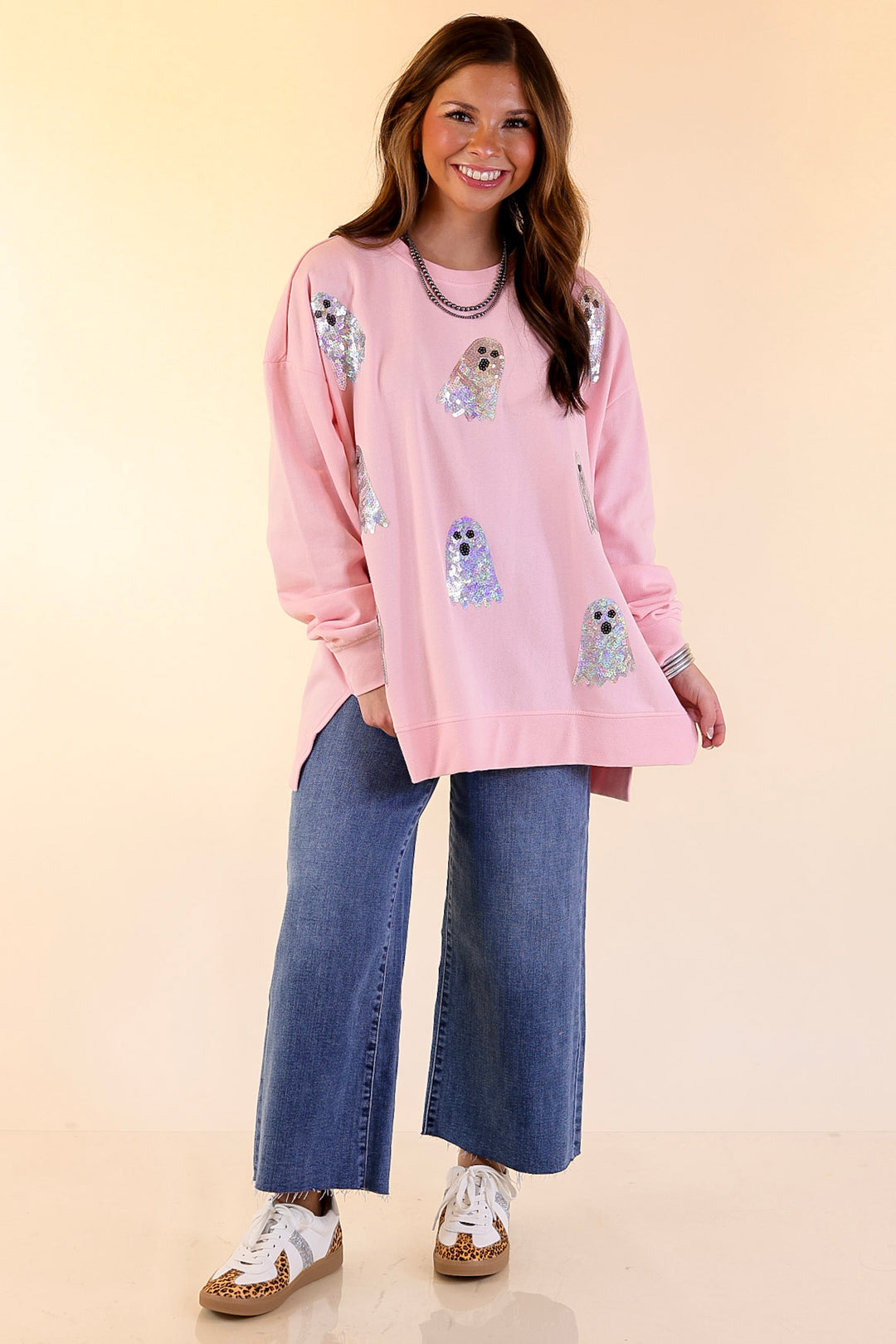 Mud Pie | Too Cute to Spook Crew Neck Sweatshirt with Side Slits and Sequin Ghosts in Pink