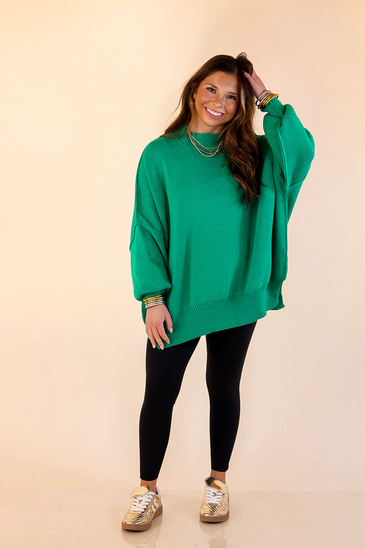 Snug and Stylish Mock Neck Sweater with Side Slit in Kelly Green