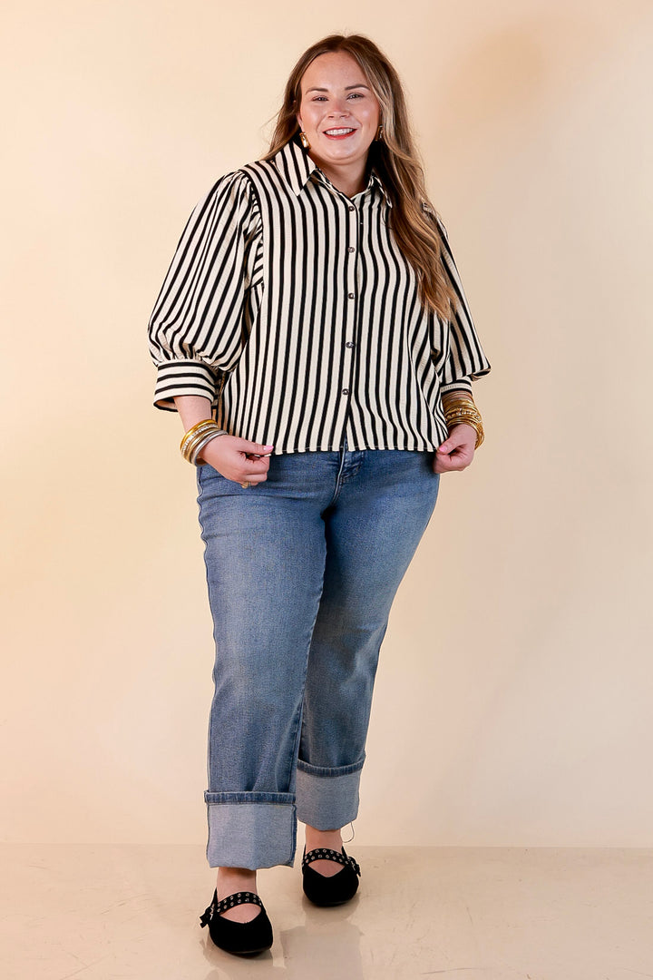 The Bold Type Striped 3/4 Sleeve Button-Up Top in Ivory with Black Stripes