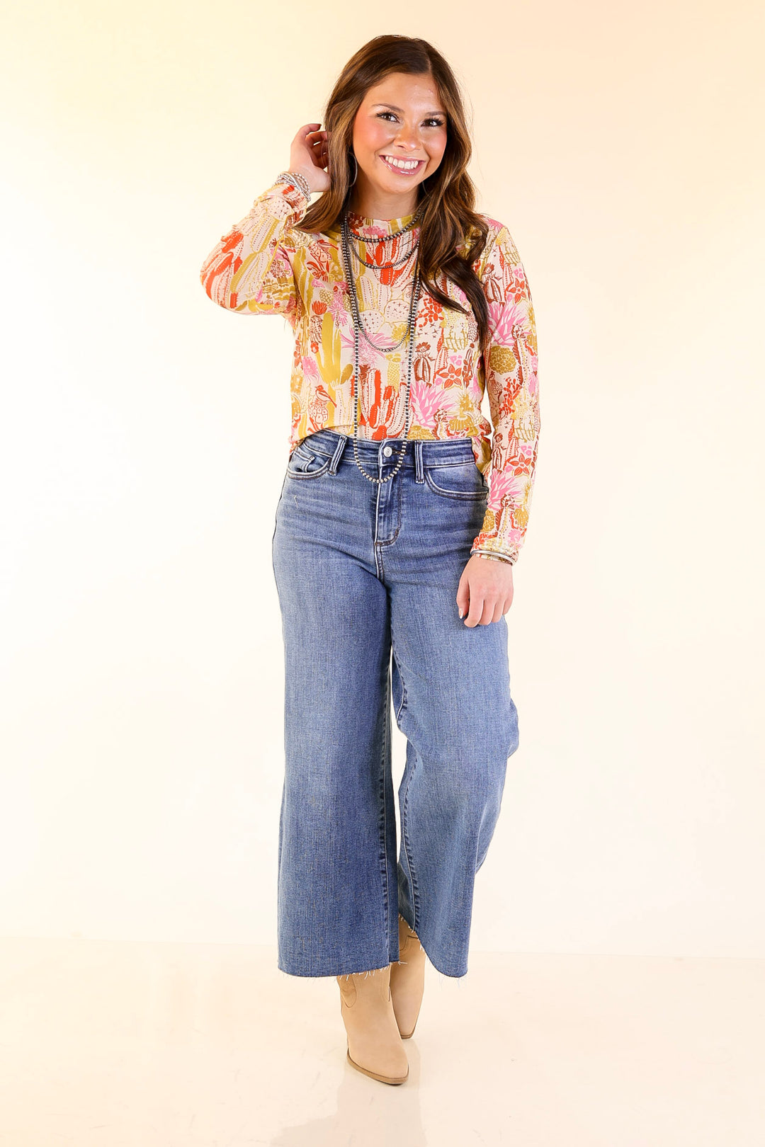 Western Dream Cacti Print Mesh Long Sleeve Top in Cream, Olive Green and Pink