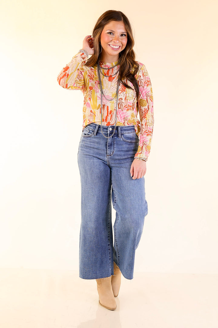 Western Dream Cacti Print Mesh Long Sleeve Top in Cream, Olive Green and Pink