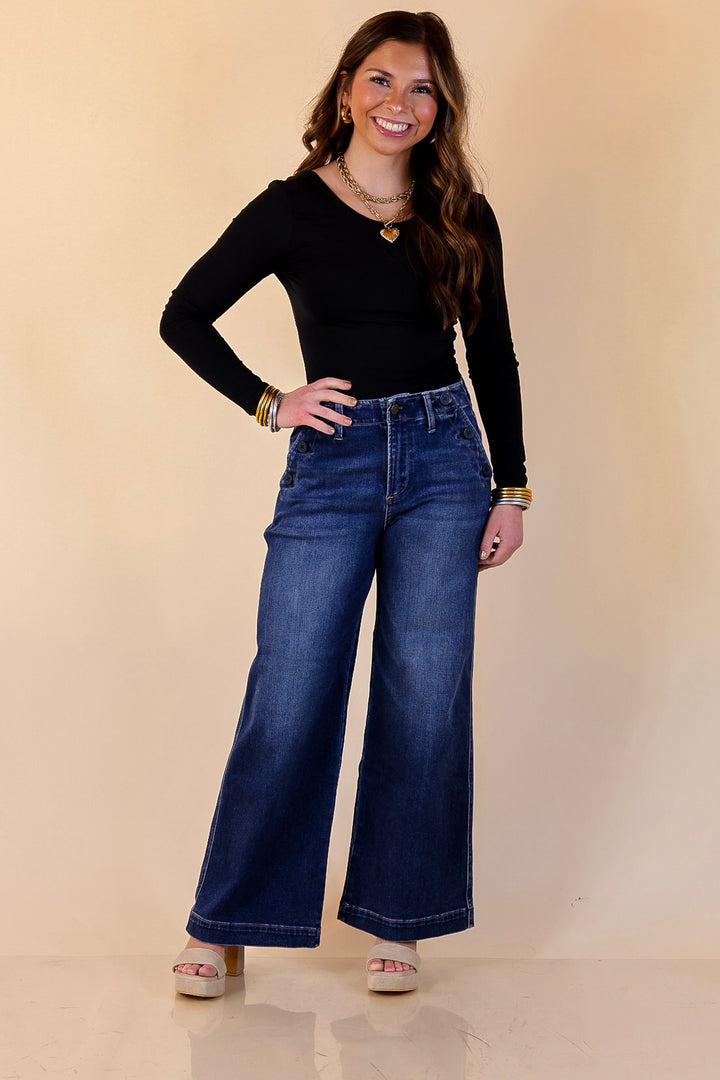 Risen | Steady Style Cropped Wide Leg Trouser Jean with Pocket Detailing in Dark Wash