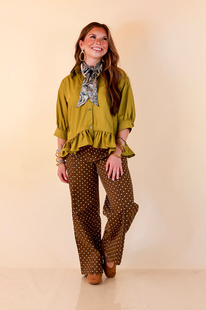 Style Agenda Solid Button Down Peplum Top in Chartreuse Olive Green